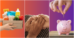 three images to show ways to give back. Giving back by donating, giving back with time, and giving back with money.