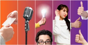 5 things to bring to a networking meeting. Represented by Business Card, Microphone, Lightbulb over head, listening ears, and thumbs up