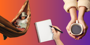 Taking time off - shown in three ways - relaxing in a hammock, writing in a journal, and holding a cup of coffee