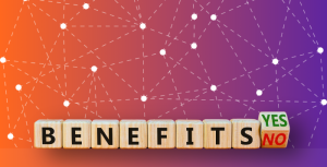 Wooden blocks spelling BENEFITS yes no. On a background the shows an abstract network. Represents the benefits of business networking