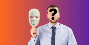someone with imposter syndrome - portrayed by a blurry faced man holding a mask.