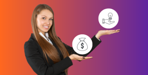 a woman weight up symbols that represent effective networking through selling vs sharing.