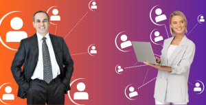 two employees standing in front of an illustration that portrays their networks