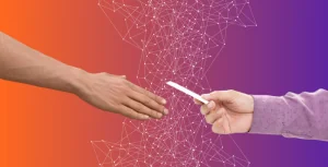 two people exchanging business cards in an awkward way at a networking event