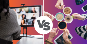 virtual networking showed by someone looking at a screen of others vs in person networking - showed by four people cheers-ing their coffee