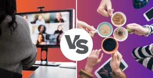 virtual networking showed by someone looking at a screen of others vs in person networking - showed by four people cheers-ing their coffee