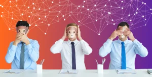three business men showing the "speak no evil, hear no evil, see no evil" monkeys