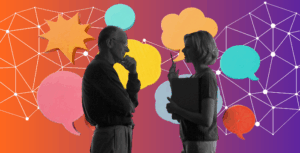 Two people building rapport by talking in front of colourful speech bubbles showing their meaningful conversations at networking events