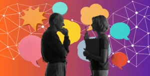 Two people building rapport by talking in front of colourful speech bubbles showing their meaningful conversations at networking events