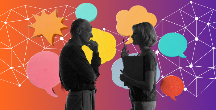 Two people building rapport by talking in front of colourful speech bubbles showing their meaningful conversations at networking events