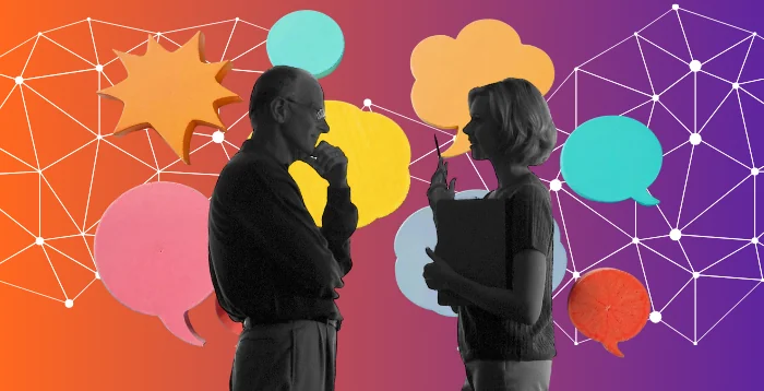 Two people building rapport by talking in front of colourful speech bubbles showing their meaningful conversations at networking events