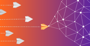 6 Paper boats, 5 white and the one in the lead orange to represent leadership connecting with a network over an orange to purple gradient