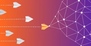 6 Paper boats, 5 white and the one in the lead orange to represent leadership connecting with a network over an orange to purple gradient
