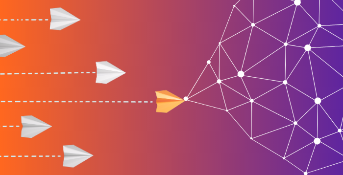 6 Paper boats, 5 white and the one in the lead orange to represent leadership connecting with a network over an orange to purple gradient