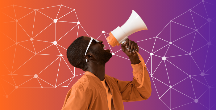 Person in orange using their voice to speak through a megaphone in front of an orange to purple gradient background