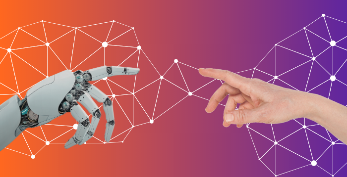 Robot hand touching the pointer finger with human hand representing AI and humans working together
