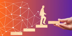 1 person walking up stairs as they grow in confidence from business networking